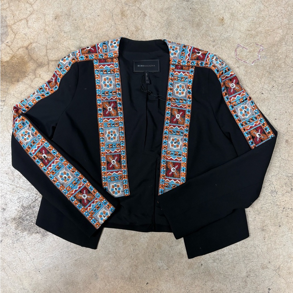 BCBGMaxAzria Black Jacket with Turquoise and Orange Embroidered Trim
